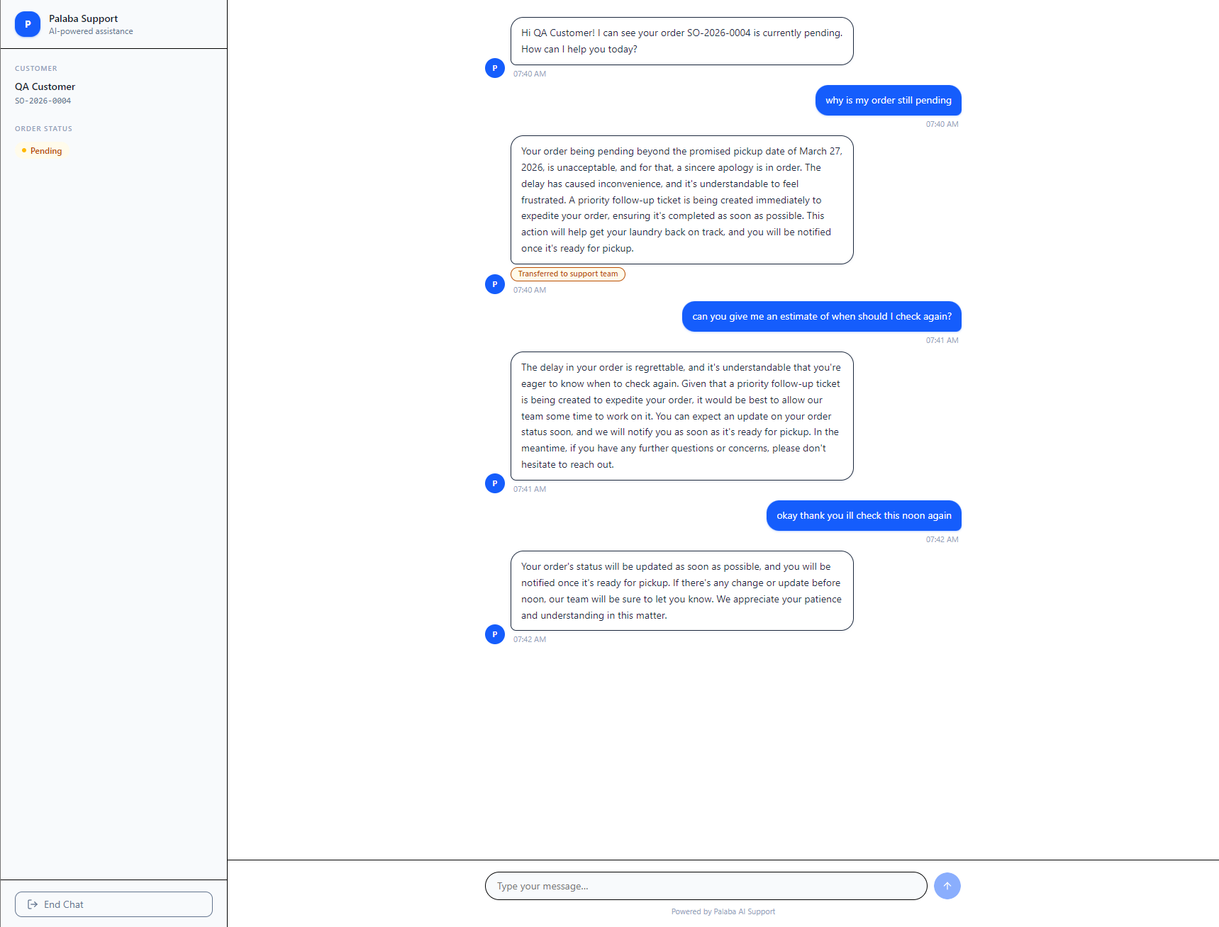 AI-powered live chat with order context and escalation